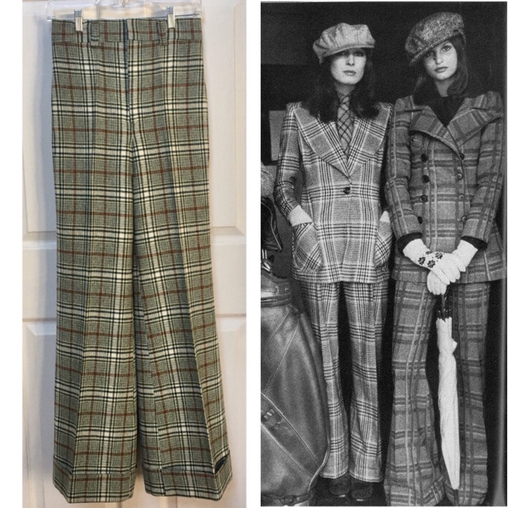 Vintage 70s Plaid Wide Leg Cuffed Trousers